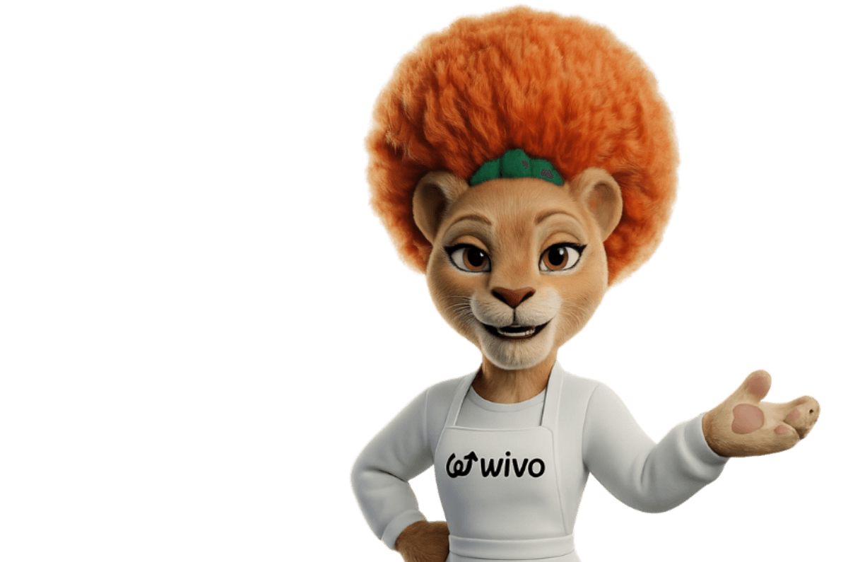 Vanessa, la mascotte commerçante de WIVO, en tablier, t'accueille